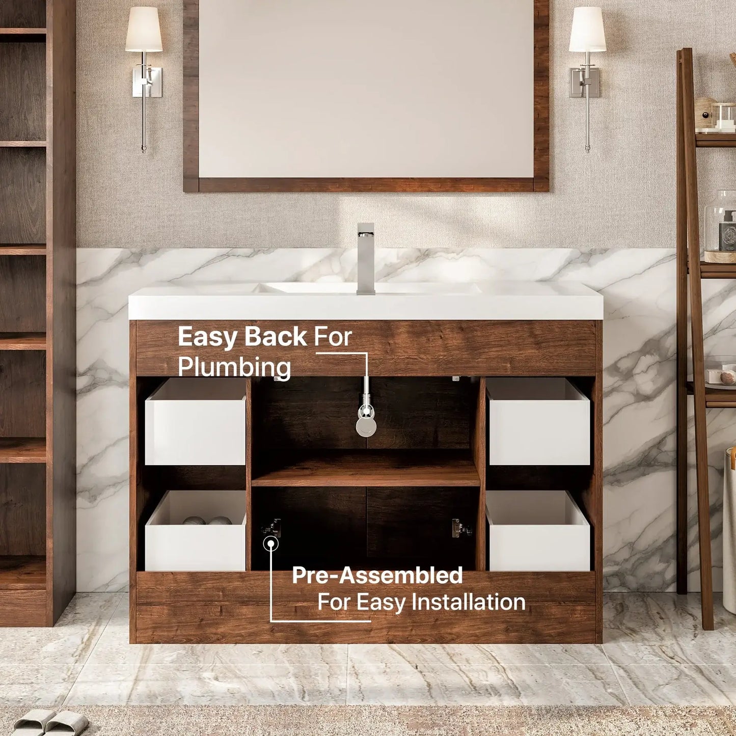 Lugano 48"W x 20"D Single Sink Bathroom Vanity with White Acrylic Countertop and Integrated Sink