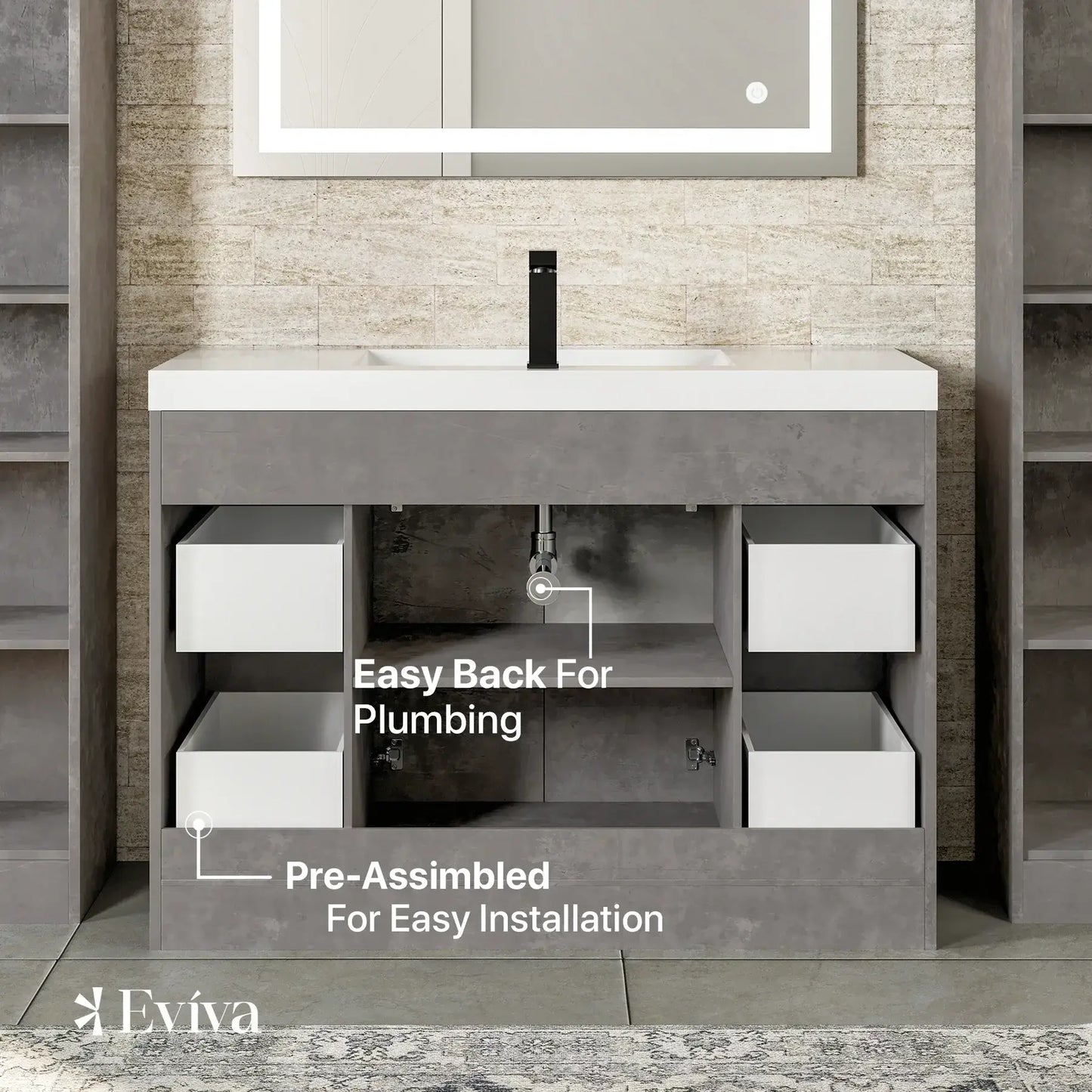 Lugano 48"W x 20"D Single Sink Bathroom Vanity with White Acrylic Countertop and Integrated Sink