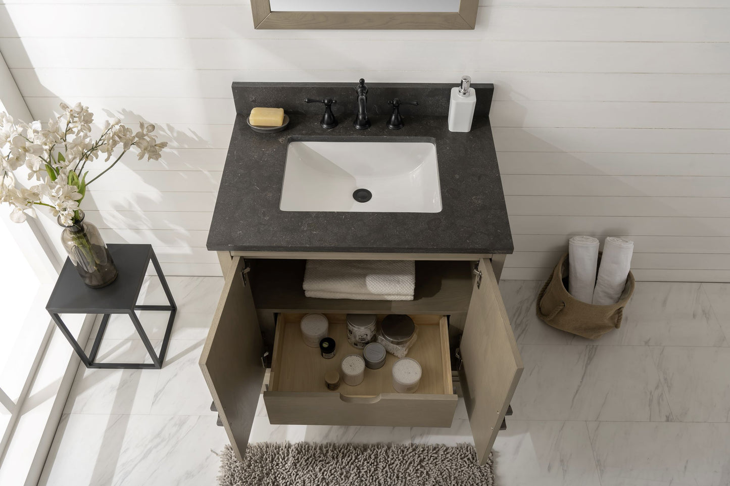 30" Antique Gray Single Sink Vanity with White Carrara Marble or Blue Limestone Top