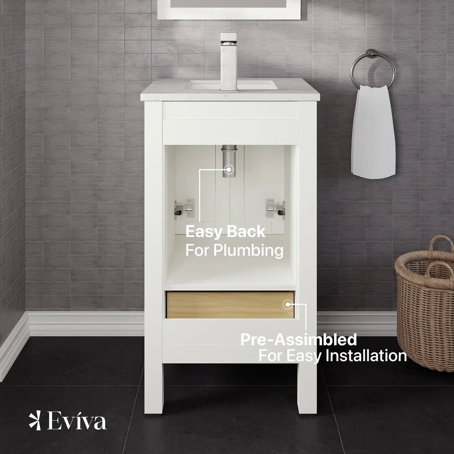 Eviva London 20" Transitional bathroom vanity with white Carrara marble countertop