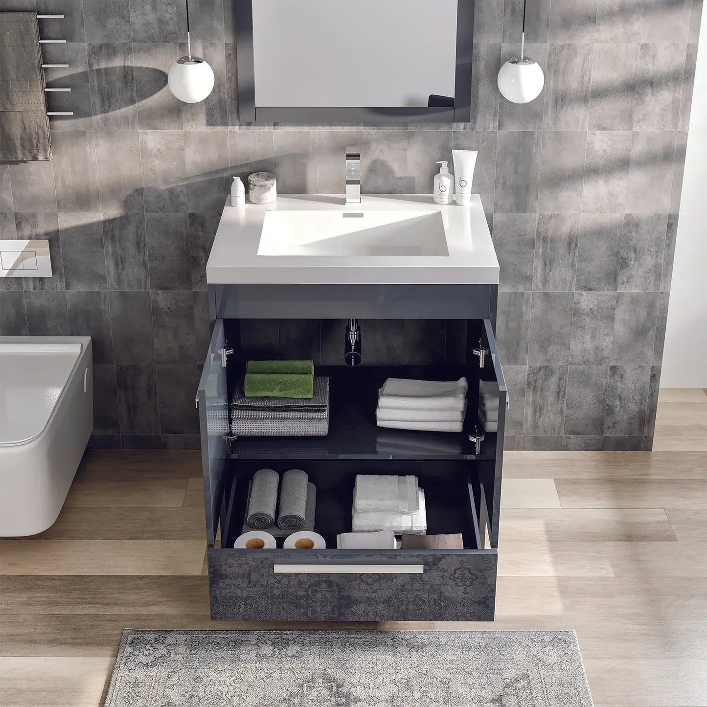 Lugano 30"W x 20"D Single Sink Bathroom Vanity with White Acrylic Countertop and Integrated Sink