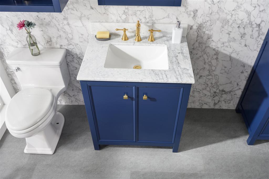 30" Single Sink Vanity Cabinet with Carrara White Marble or Blue Limestone Countertop