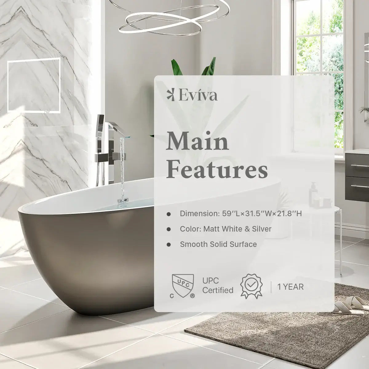 Eviva Viva 60" Solid Surface Grey & White Freestanding Bathtub