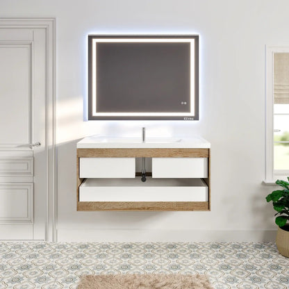 Eviva Smile 48" White Oak Wall Mount Modern Bathroom Vanity w/ White Integrated Top