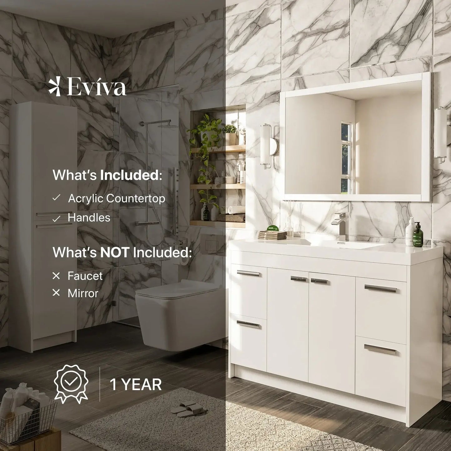 Lugano 42"W x 20"D Single Sink Bathroom Vanity with White Acrylic Countertop and Integrated Sink