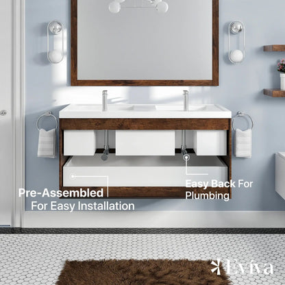 Eviva Smile 48" Rosewood Wall Mount Modern Double Sink Bathroom Vanity w/ White Integrated Top