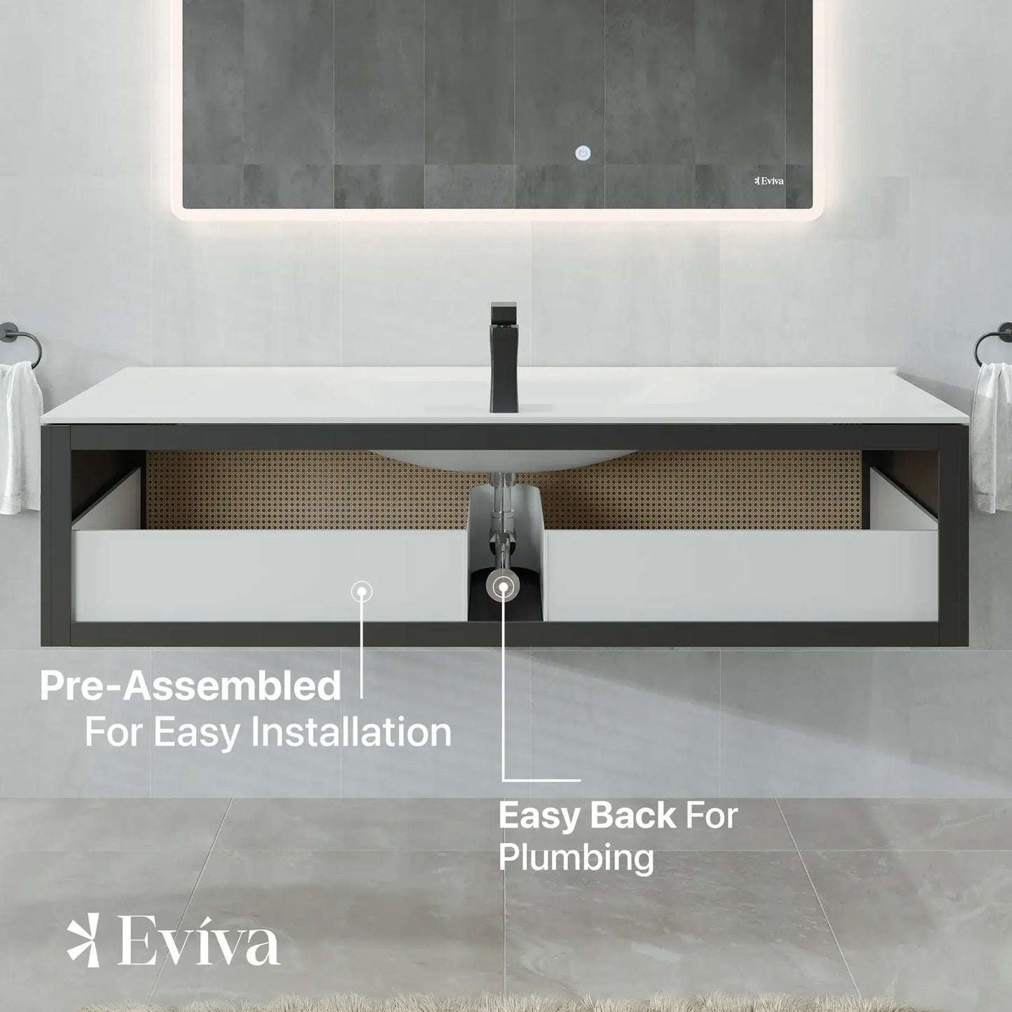 Eviva Nets 44 Inch Natural Oak and Black Wall Mount Modern Bathroom Vanity