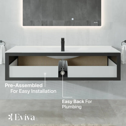 Eviva Nets 44 Inch Natural Oak and Black Wall Mount Modern Bathroom Vanity