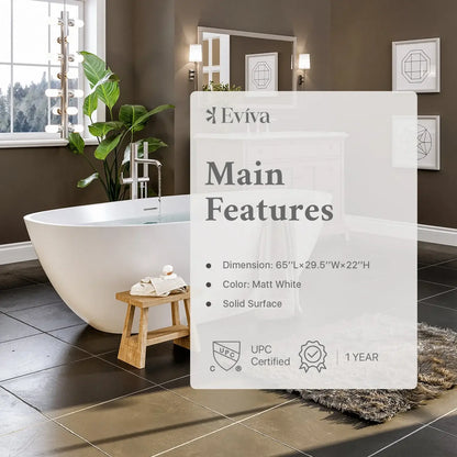 Eviva Mirage 65 Inch Solid Surface Freestanding Bathtub in Matte White