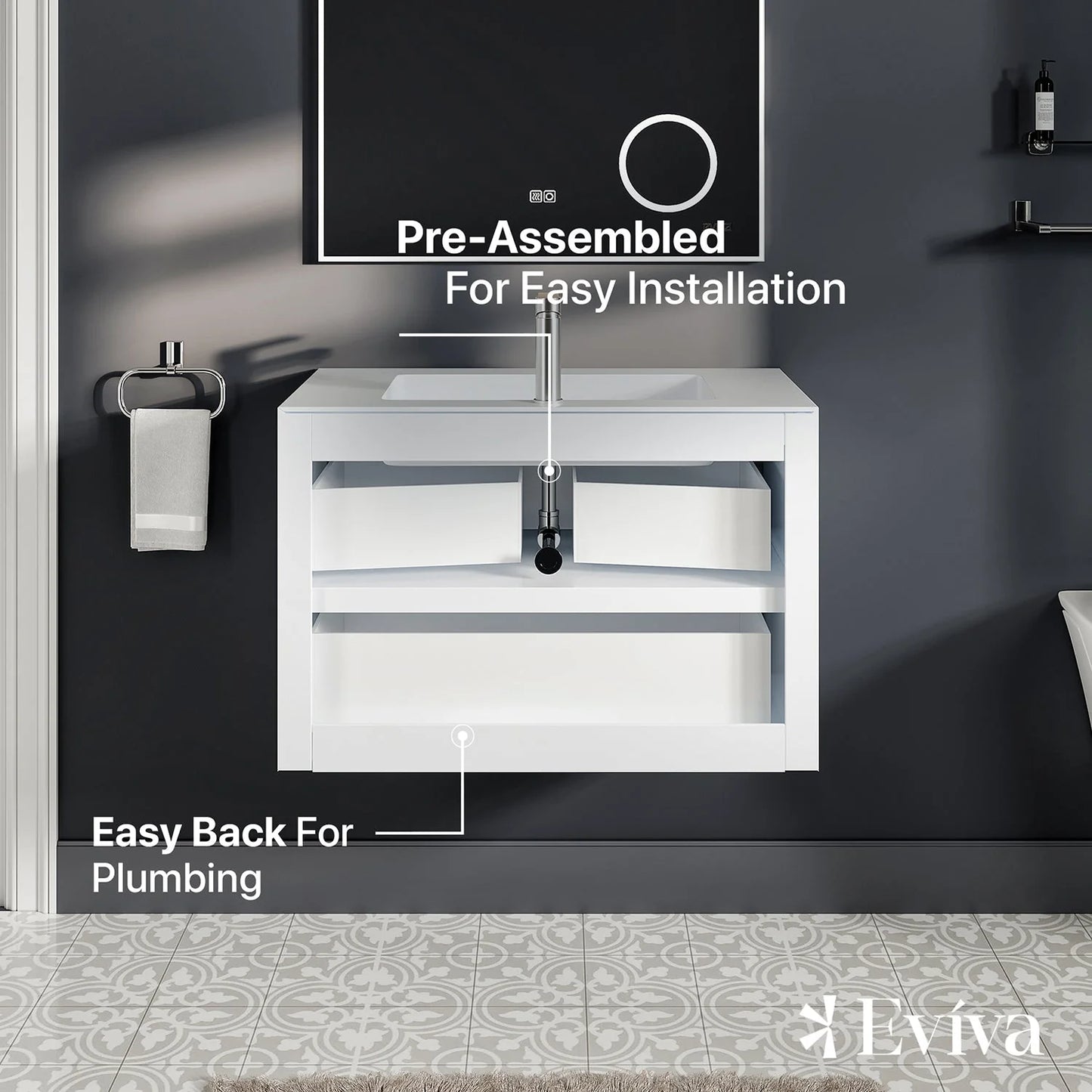 Vienna 36"W x 19"D Wall Mount Bathroom Vanity with Acrylic Countertop and Integrated Sink