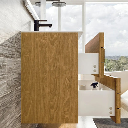 Eviva Mosaic 33 in. Wall Mounted Oak Bathroom Vanity with White Integrated Solid Surface Countertop