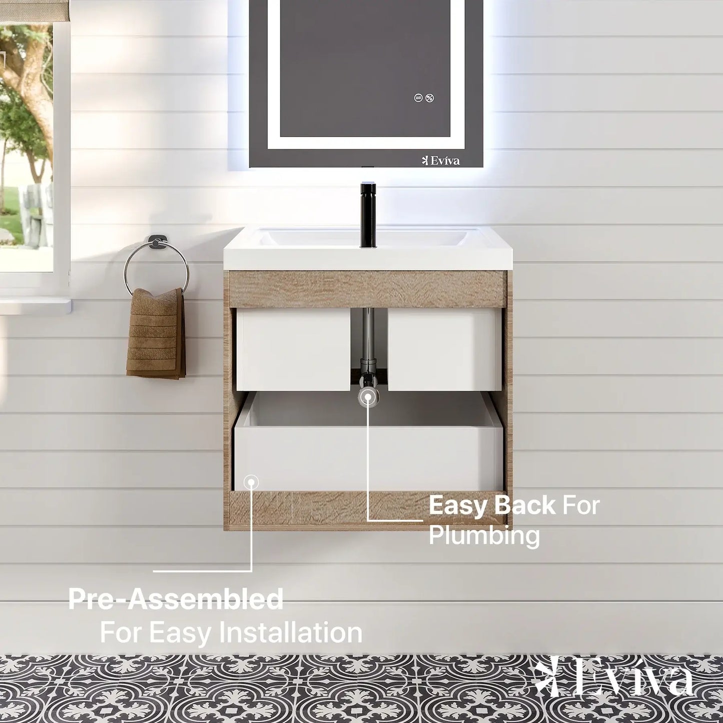 Eviva Smile 24" White Oak Wall Mount Modern Bathroom Vanity w/ White Integrated Top