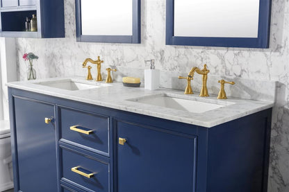 60" Double Sink Vanity Cabinet with Carrara White Marble or Blue Limestone Countertop