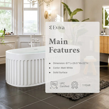 Eviva Cascade 67 Inch Solid Surface Freestanding Bathtub in Matte White