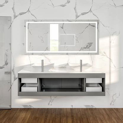 Totti Wave 72" Modern Double Sink Bathroom Vanity w/ Super White Man-Made Stone Top & Sinks