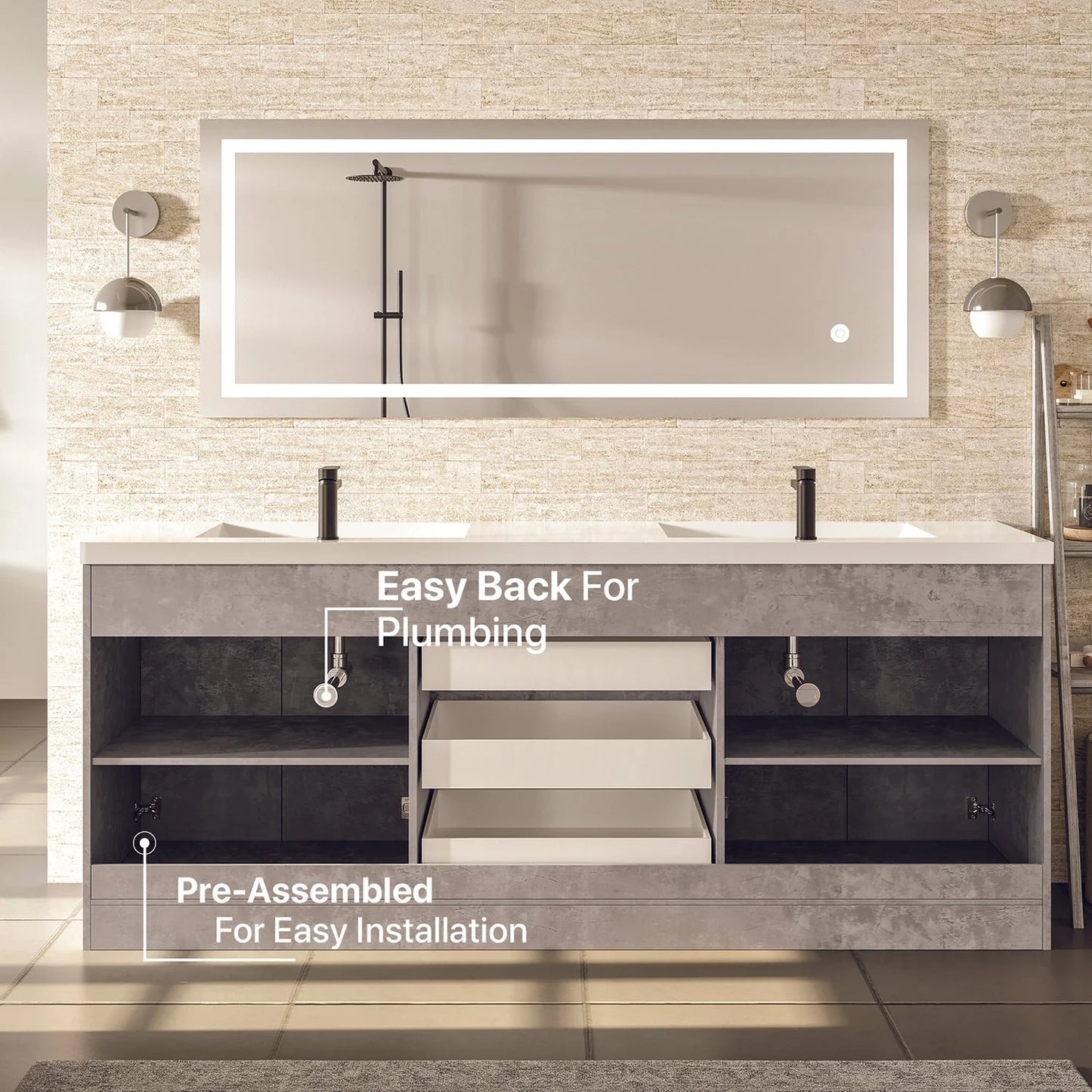 Lugano 72"W x 20"D Double Sink Bathroom Vanity with Acrylic Countertop and Integrated Sink