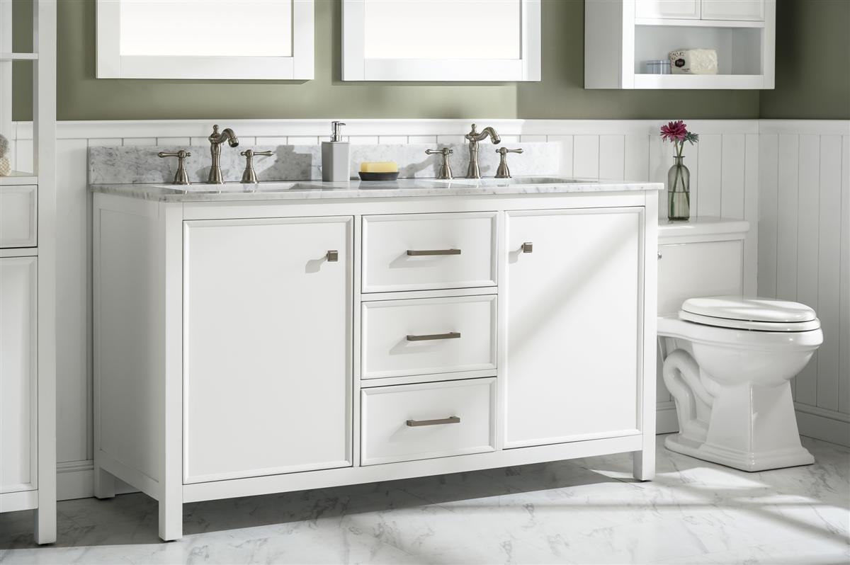 60" Double Sink Vanity Cabinet with Carrara White Marble or Blue Limestone Countertop