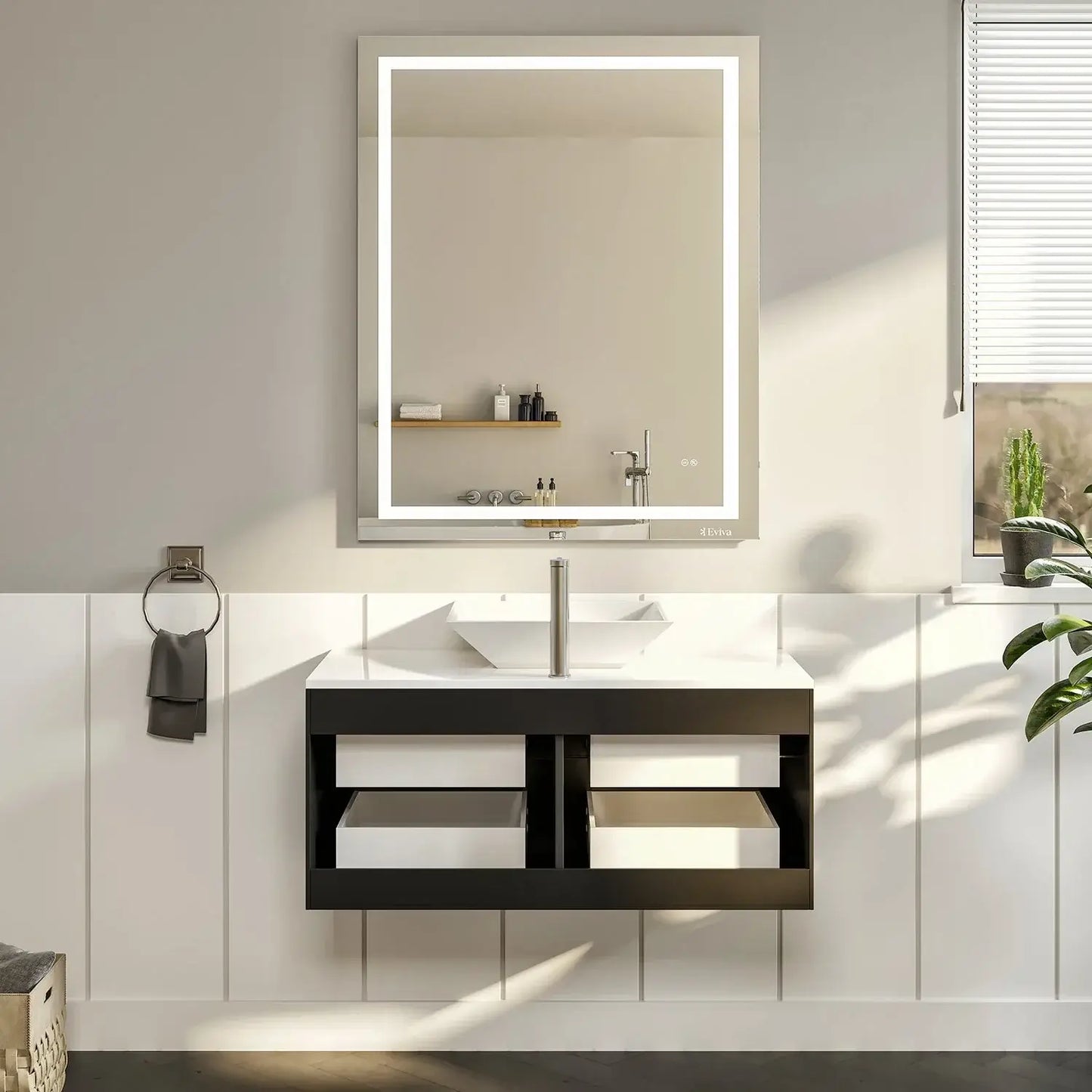 Totti Wave 36" Modern Bathroom Vanity w/ Super White Man-Made Stone Top & Sink