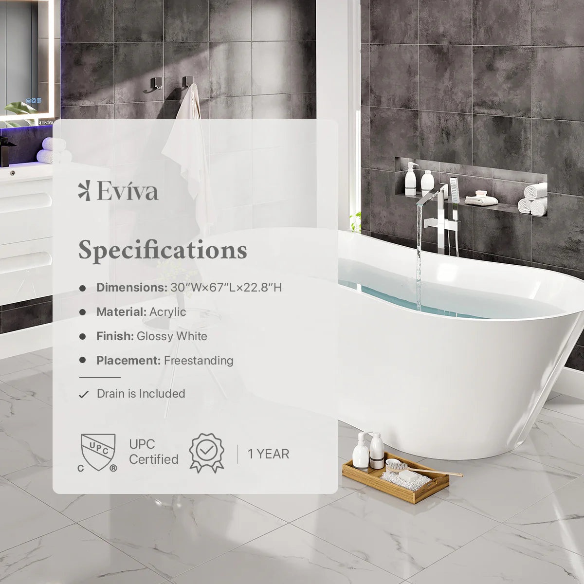 Eviva Smile Free Standing 67" Acrylic Bathtub