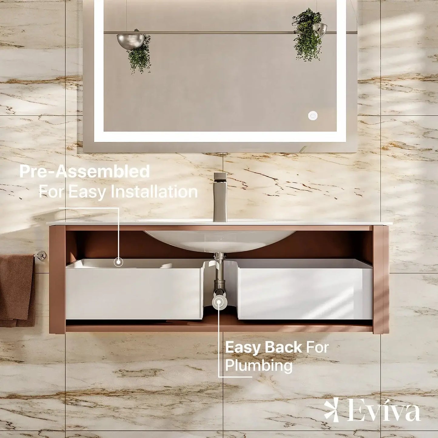 Dolce Vita 48"W x 20"D Wall Mount Bathroom Vanity with White Solid Surface Countertop and Integrated Sink