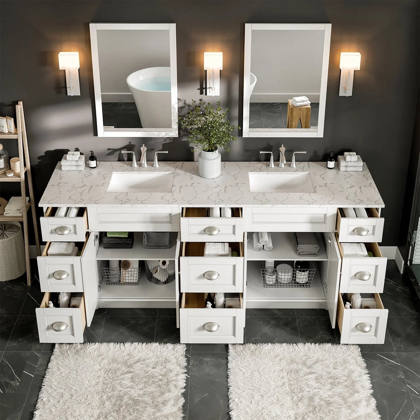 Epic 84"W x 22"D Double Sink Bathroom Vanity with Carrara Quartz Countertop and Undermount Porcelain Sink