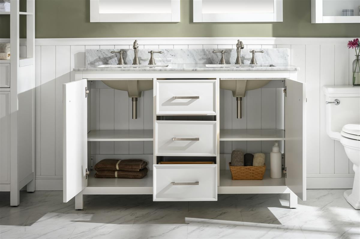 54" Double Sink Vanity Cabinet with Carrara White Marble or Blue Limestone Countertop