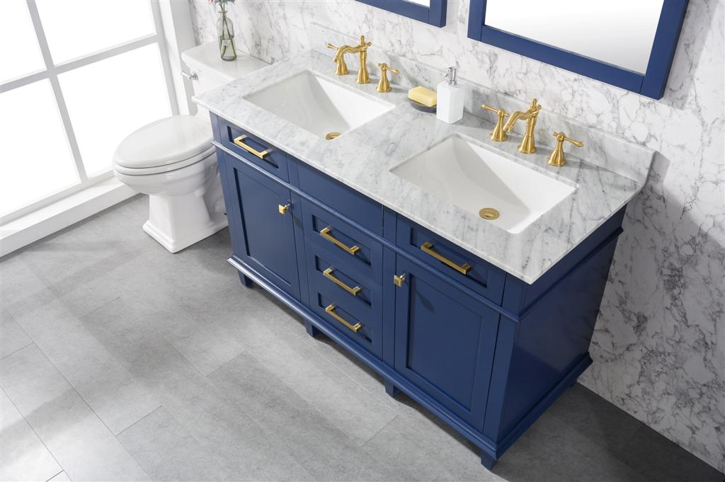 54" Double Sink Vanity Cabinet with Carrara White Marble or Blue Limestone Countertop