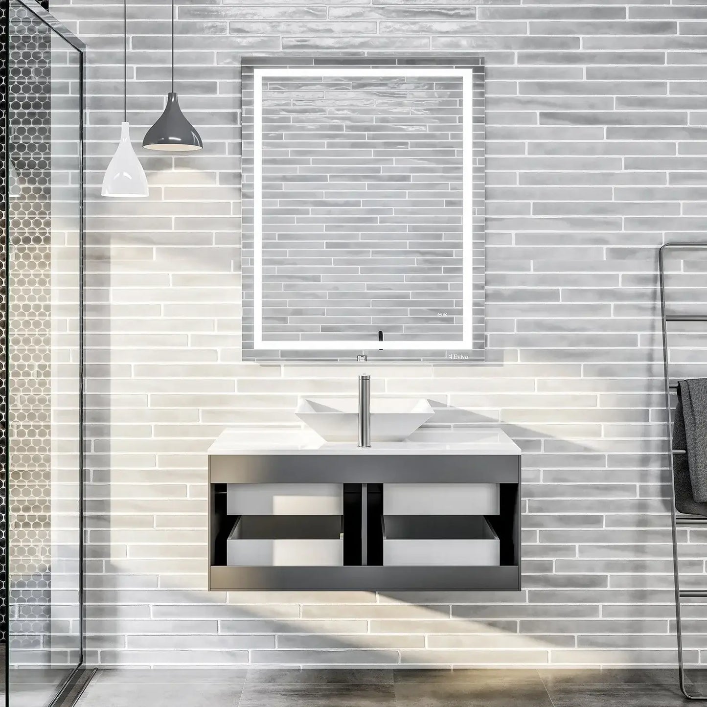 Totti Wave 36" Modern Bathroom Vanity w/ Super White Man-Made Stone Top & Sink