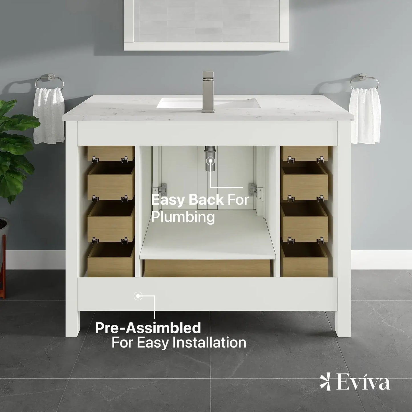 Eviva London 42 in. Transitional Bathroom Vanity with White Carrara Marble Countertop