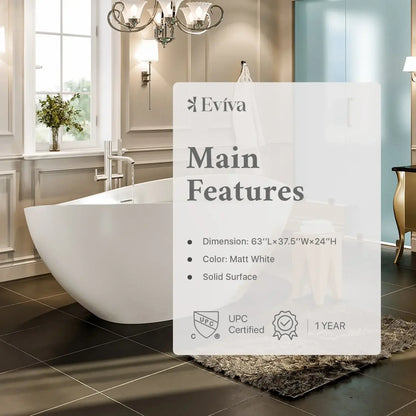 Eviva Cloud 63 Inch Solid Surface Freestanding Bathtub in Matte White