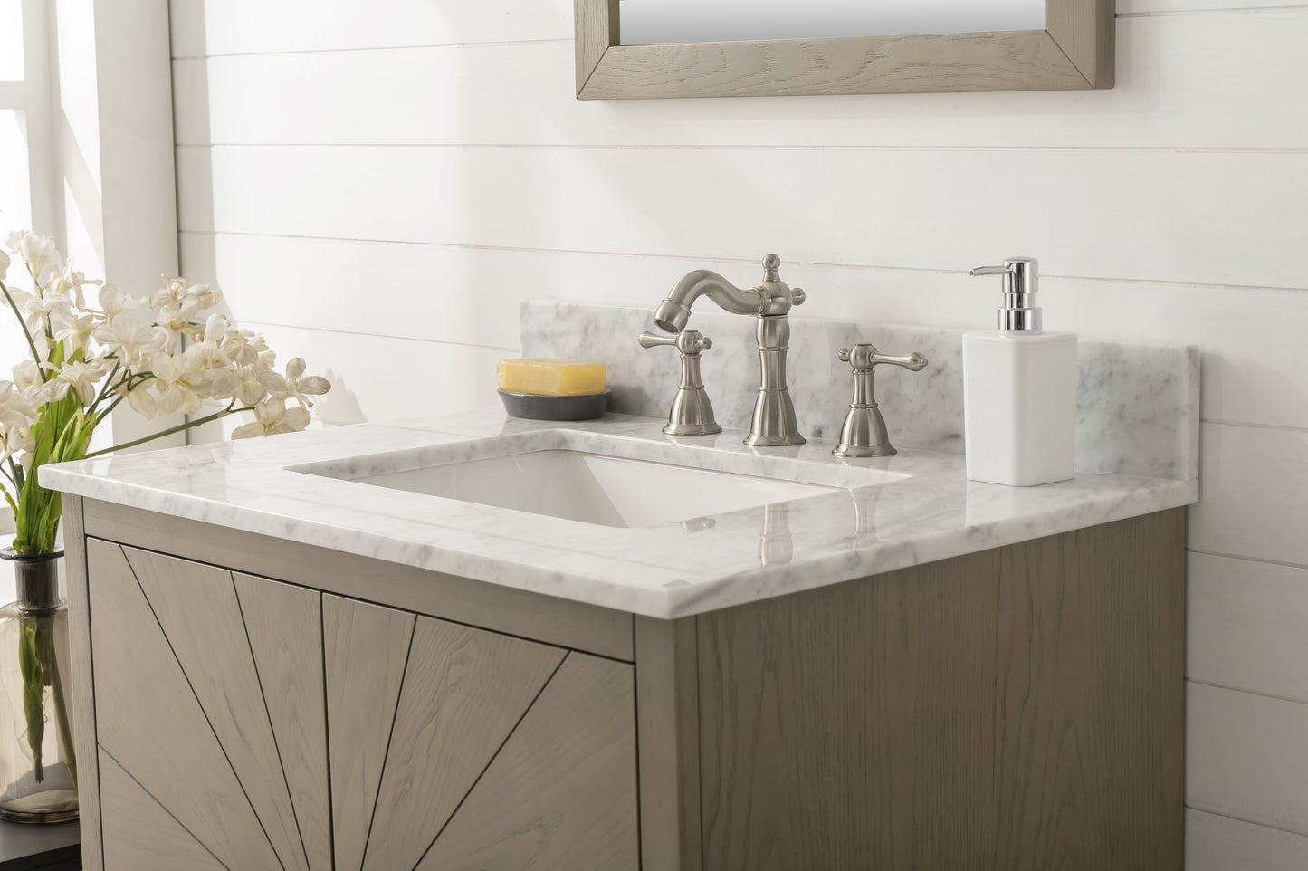 30" Antique Gray Single Sink Vanity with White Carrara Marble or Blue Limestone Top