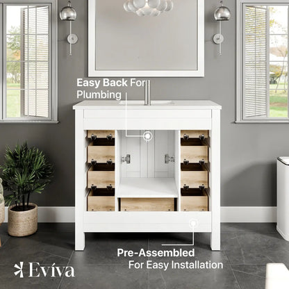 Hampton 36"W x 22"D Bathroom Vanity with White Carrara Quartz Countertop and Undermount Porcelain Sink