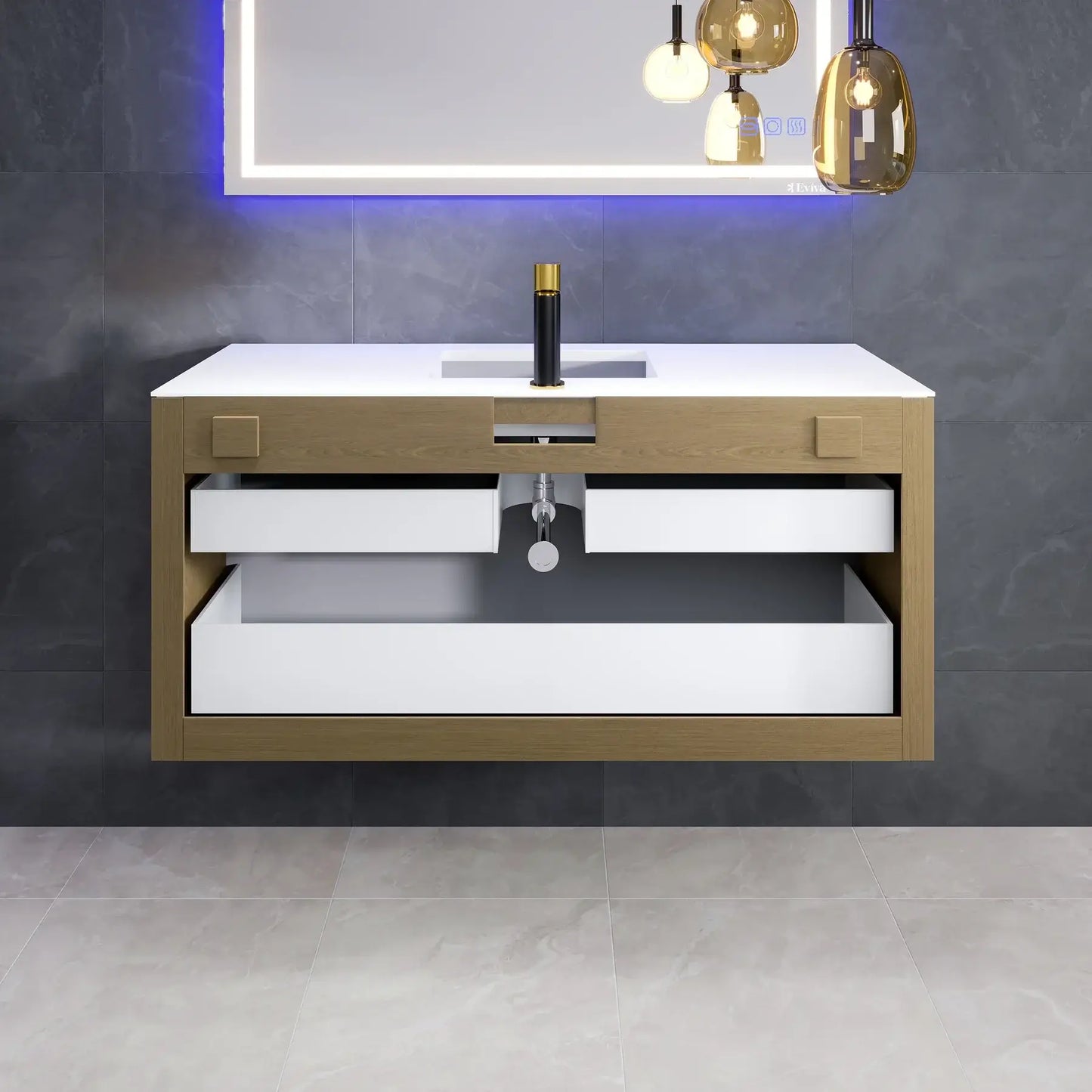 Mosaic 49"W x 18"D Natural Oak Wall Mount Bathroom Vanity with White Solid Surface Countertop and Integrated Sink