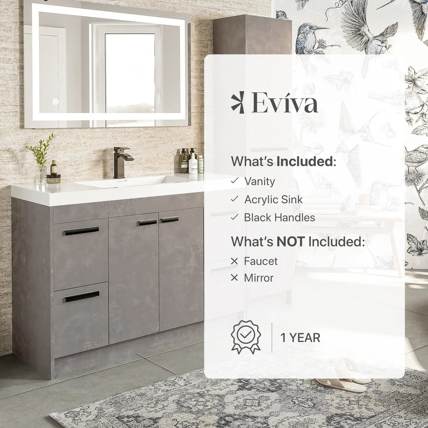 Lugano 48"W x 20"D Single Sink Bathroom Vanity with White Acrylic Countertop and Integrated Sink