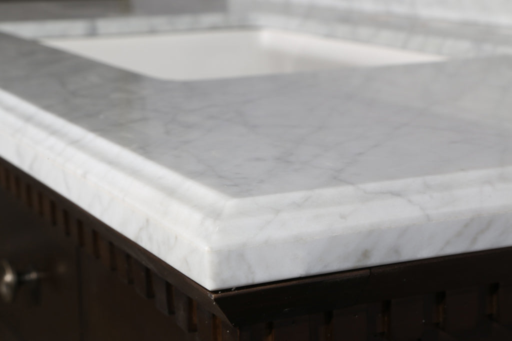 48" Antique Coffee Freestanding Single Sink Vanity with Carrara Marble White Top and Matching Backsplash