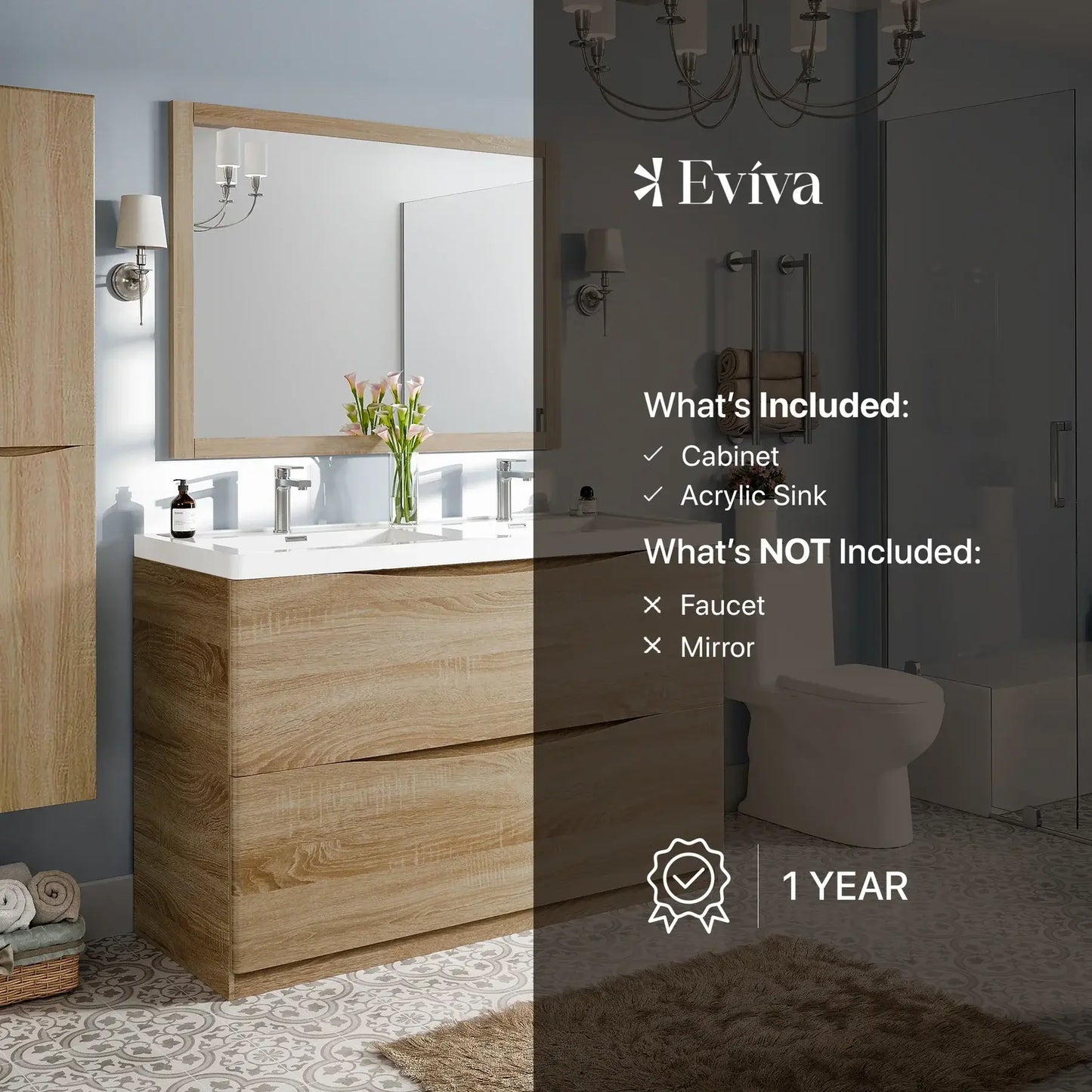 Eviva Smile 48" White Oak Freestanding Modern Double Sink Bathroom Vanity w/ White Integrated Top