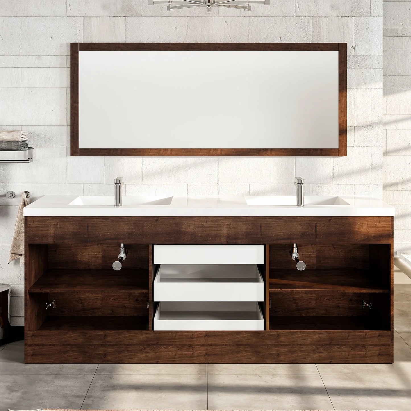 Lugano 84"W x 20"D Double Sink Bathroom Vanity with Acrylic Countertop and Integrated Sink