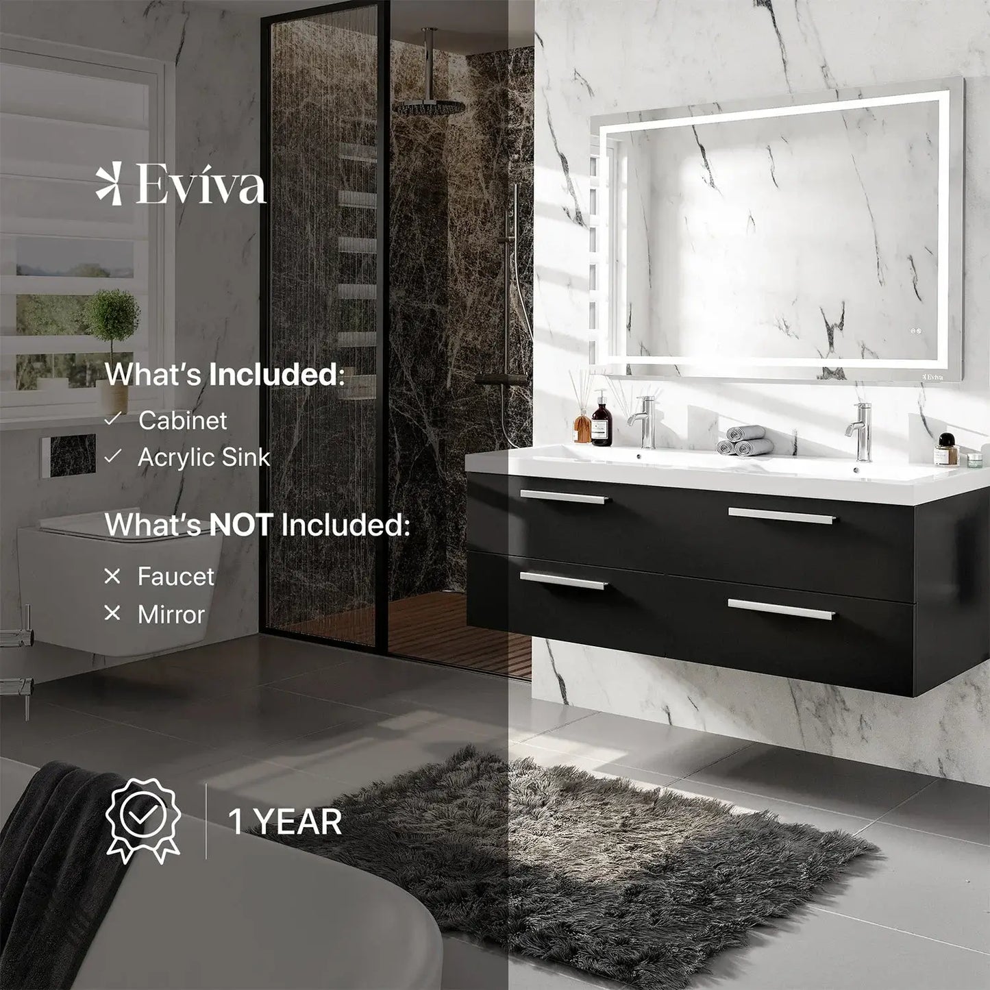 Surf 57"W x 20"D Wall Mount Double Sink Bathroom Vanity with White Acrylic Countertop and Integrated Sinks