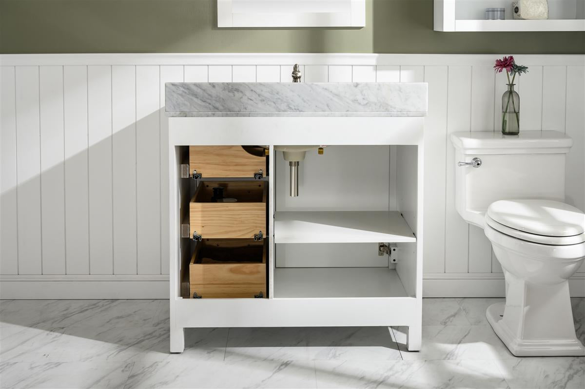 36" Single Sink Vanity Cabinet with Carrara White Marble or Blue Limestone Countertop