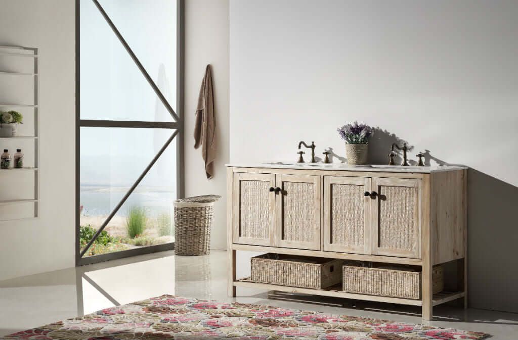 60" Solid Wood Double Sink Vanity with Marble Top