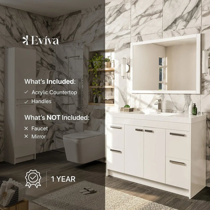 Lugano 48"W x 20"D Single Sink Bathroom Vanity with White Acrylic Countertop and Integrated Sink