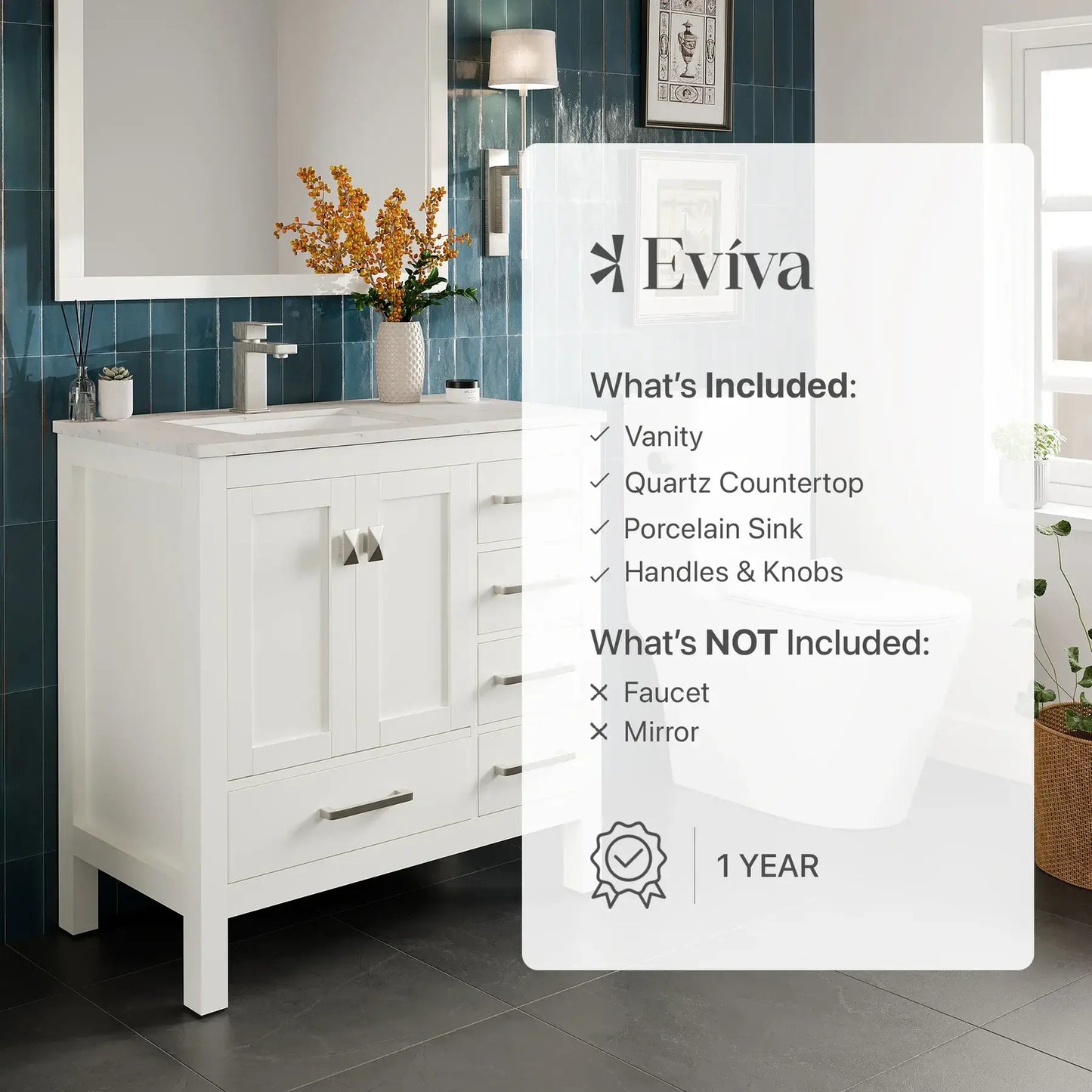 Eviva London 36" Transitional Bathroom Vanity with White Carrara Marble Countertop