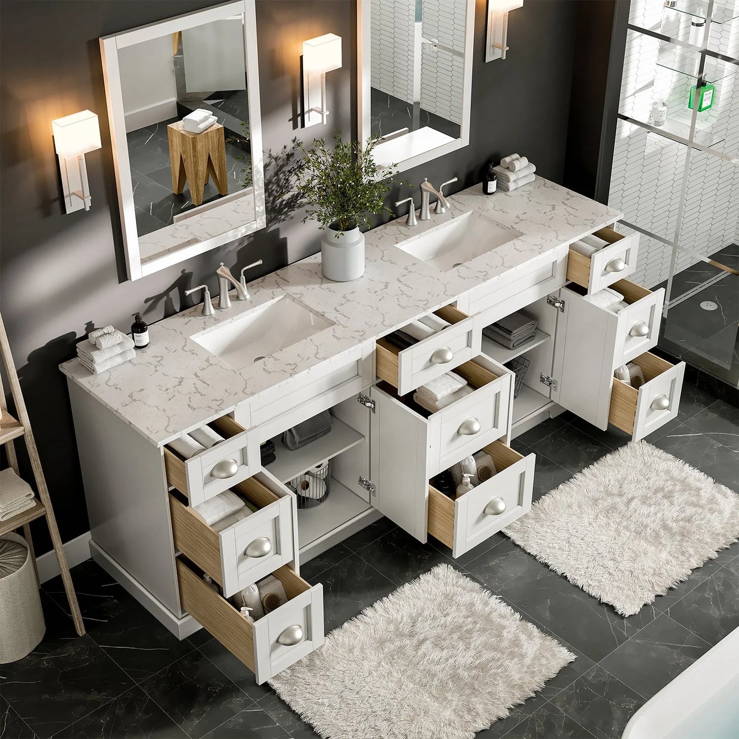 Epic 84"W x 22"D Double Sink Bathroom Vanity with Carrara Quartz Countertop and Undermount Porcelain Sink