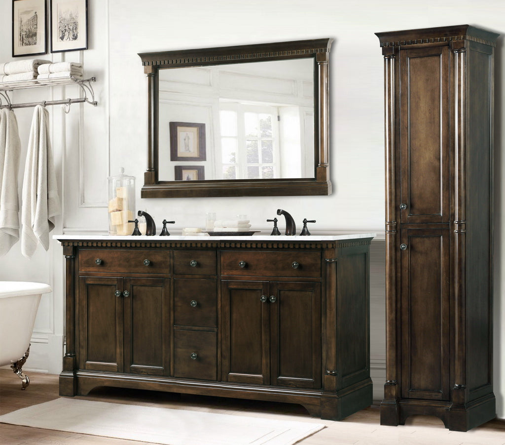 60" Antique Coffee Freestanding Double Sink Vanity with Carrara Marble White Top and Matching Backsplash