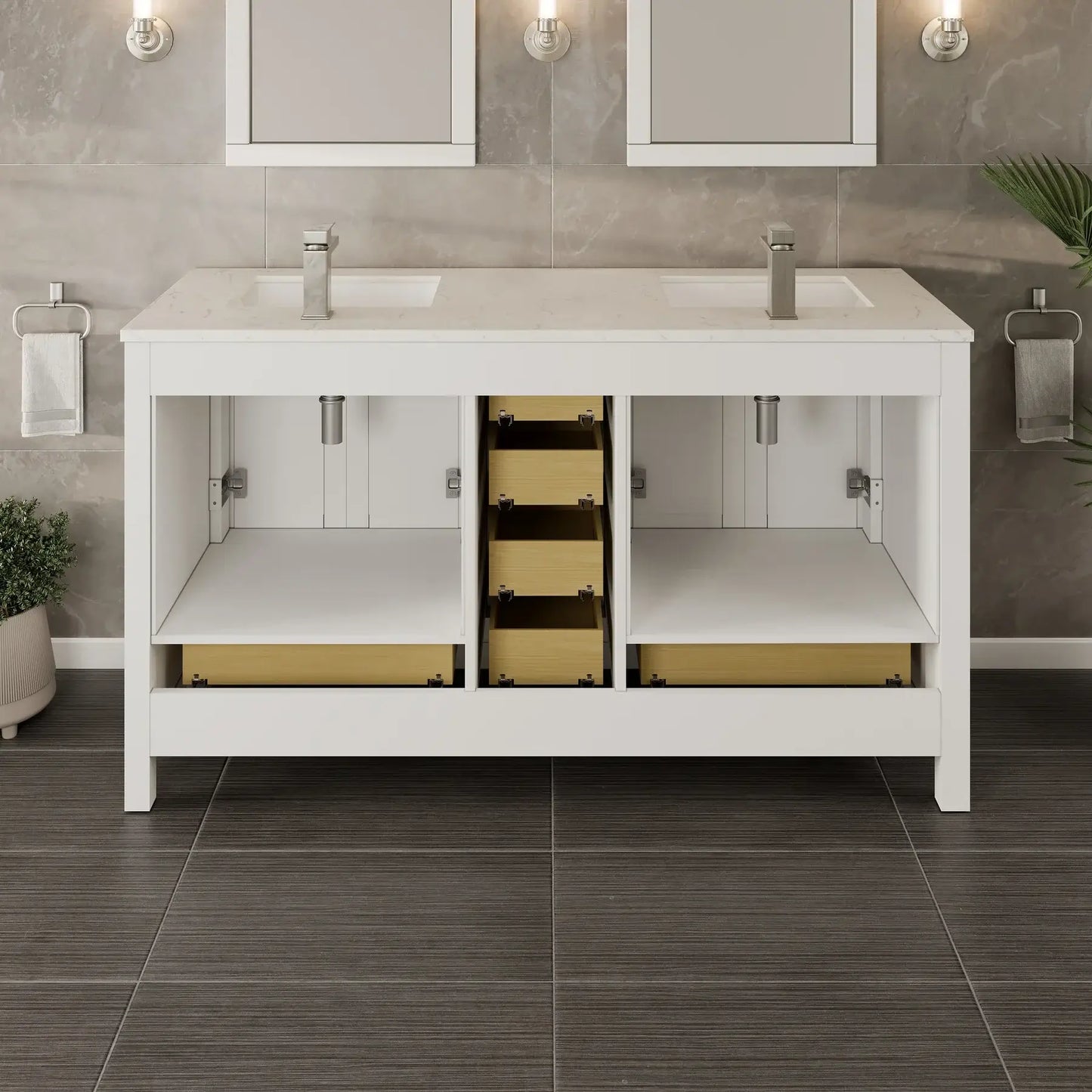 London 60"W x 18"D Double Sink Bathroom Vanity with White Carrara Quartz Countertop and Undermount Porcelain Sinks