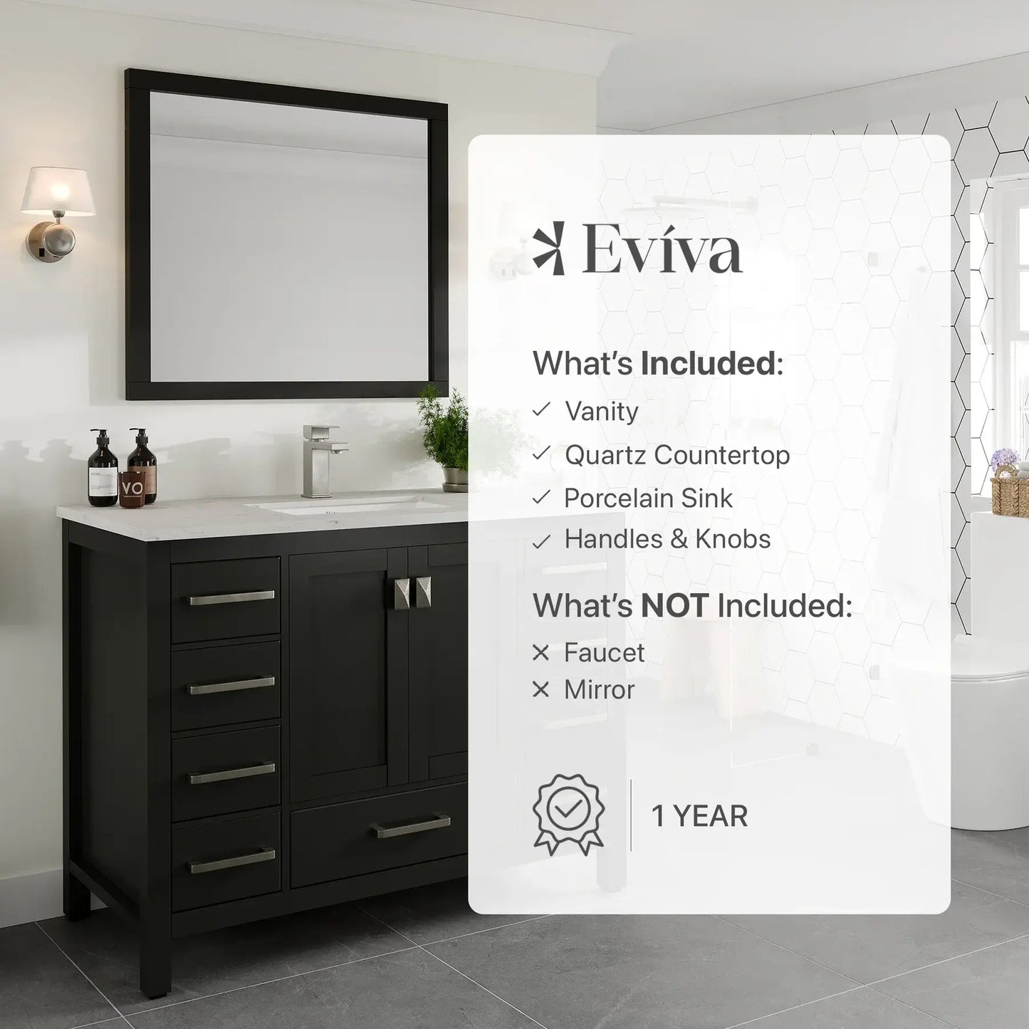 Eviva London 42 in. Transitional Bathroom Vanity with White Carrara Marble Countertop