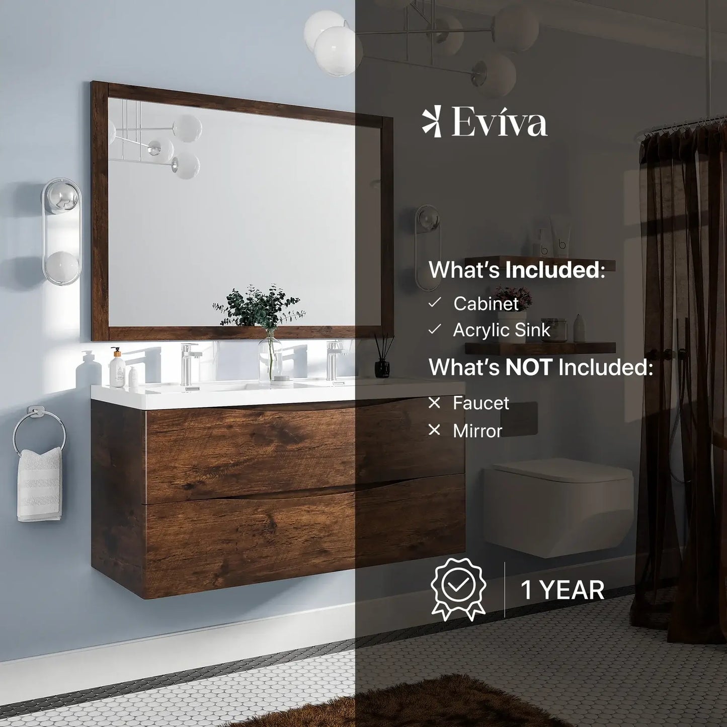 Eviva Smile 48" Rosewood Wall Mount Modern Double Sink Bathroom Vanity w/ White Integrated Top