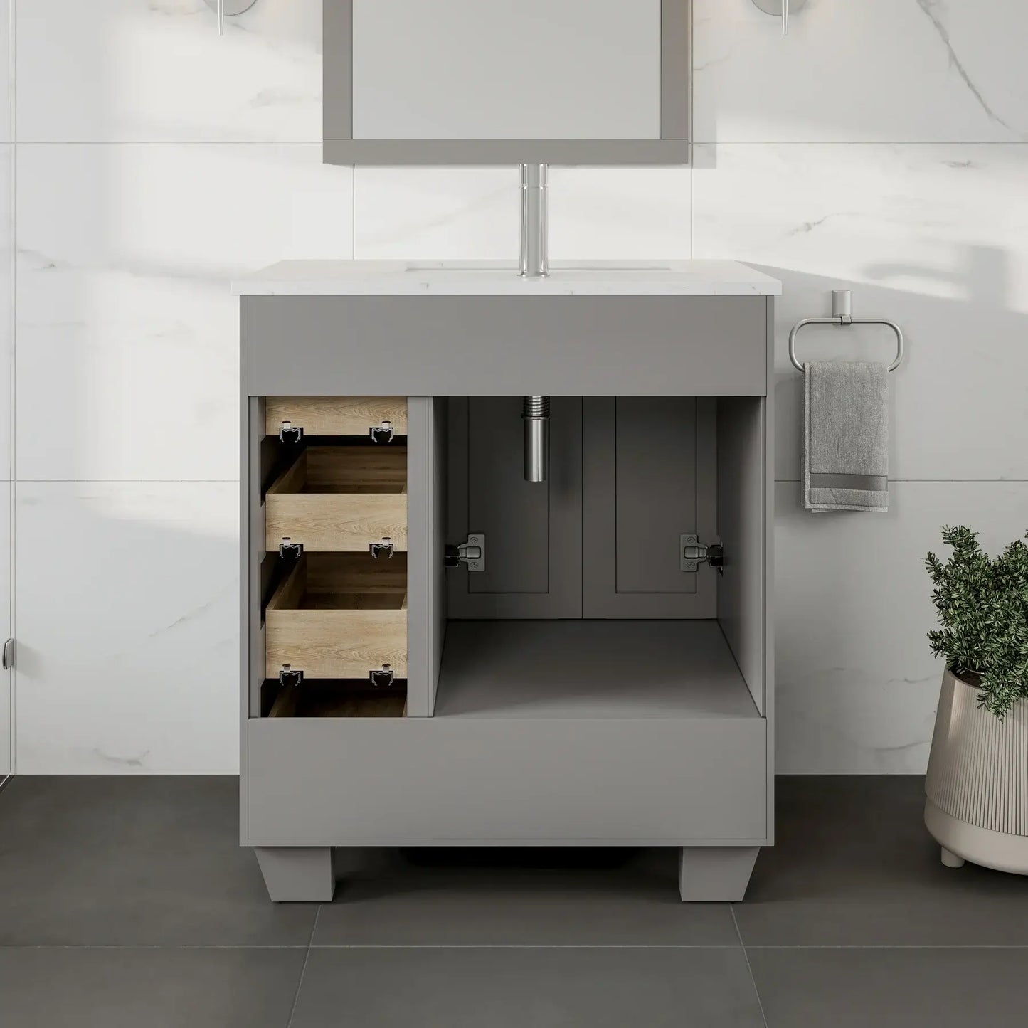 Happy 28"W x 18"D Bathroom Vanity with White Carrara Quartz Countertop and Undermount Porcelain Sink