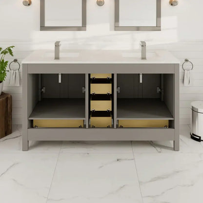 London 60"W x 18"D Double Sink Bathroom Vanity with White Carrara Quartz Countertop and Undermount Porcelain Sinks