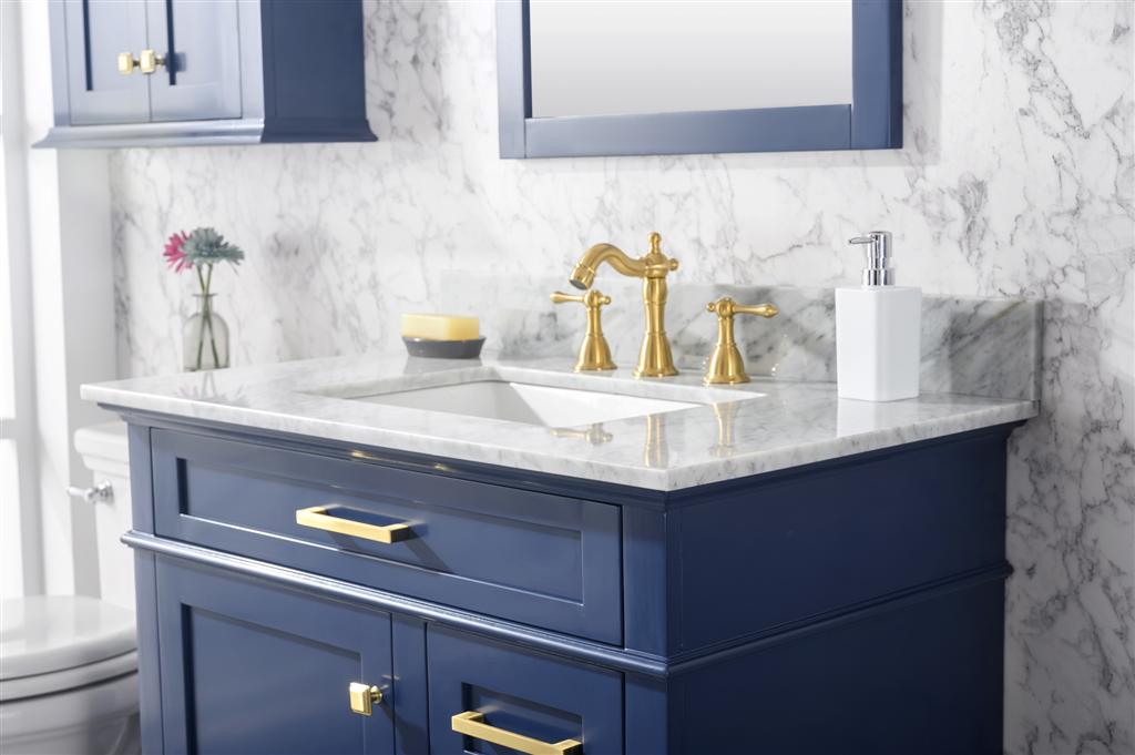 36" Single Sink Vanity Cabinet with Carrara White Marble or Blue Limestone Countertop